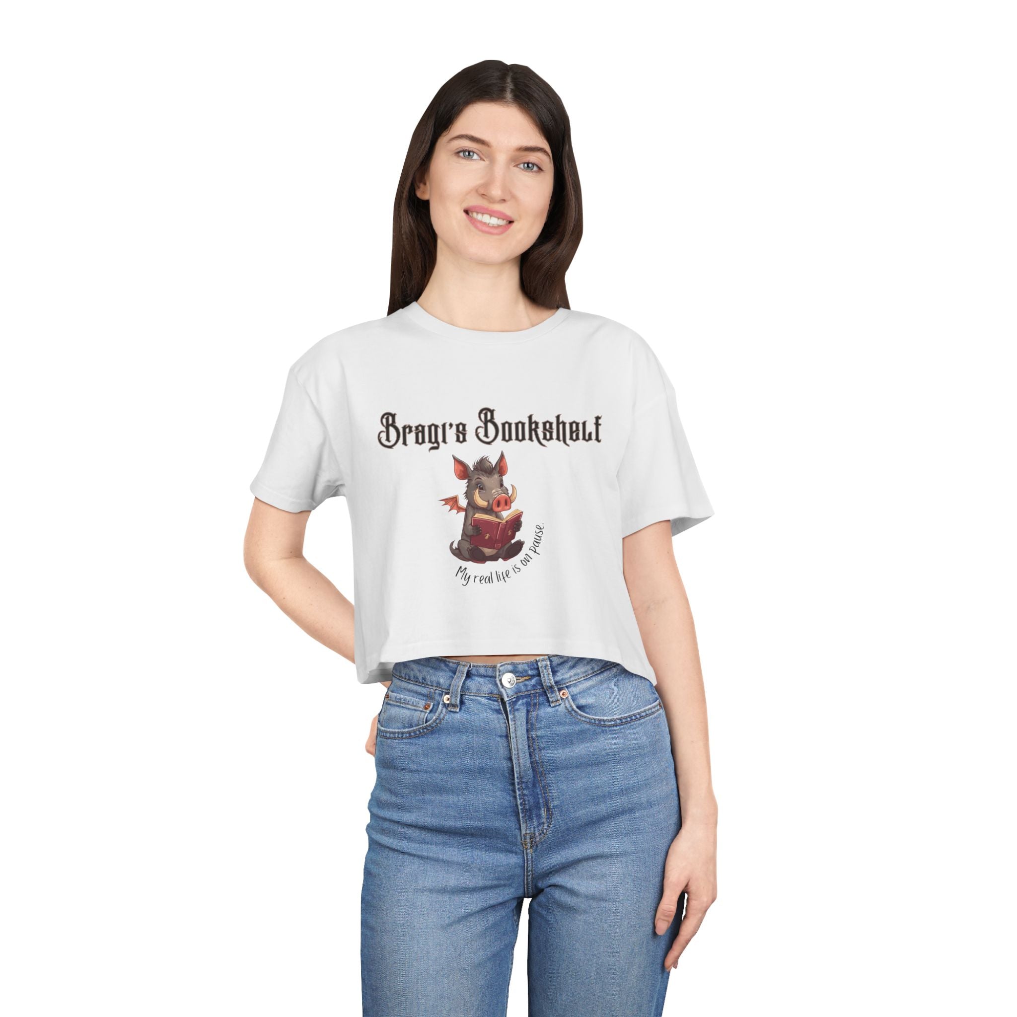 Bookish Crop Tee — “My real life is on pause” Cute Cheeky Relaxed Crop Shirt