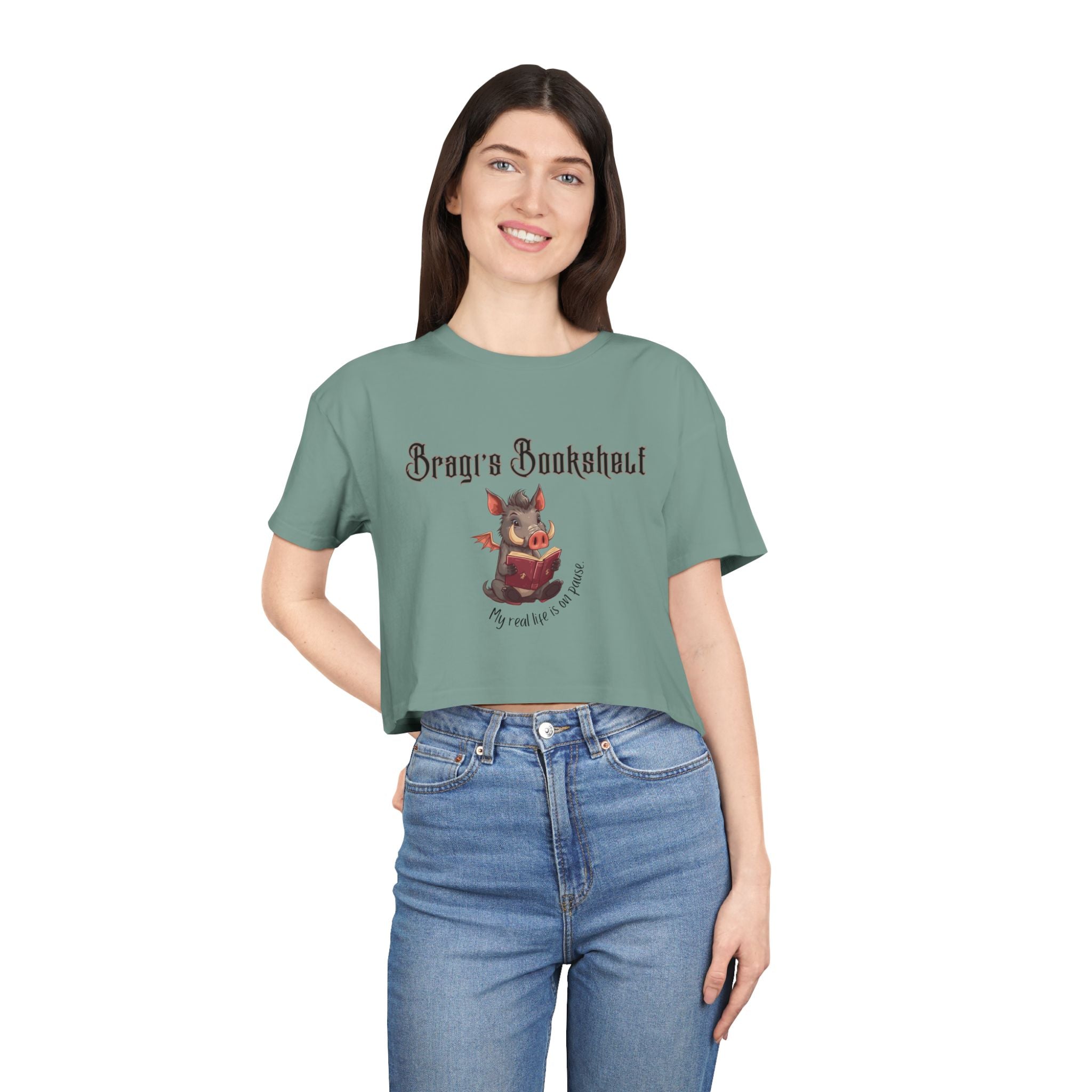 Bookish Crop Tee — “My real life is on pause” Cute Cheeky Relaxed Crop Shirt