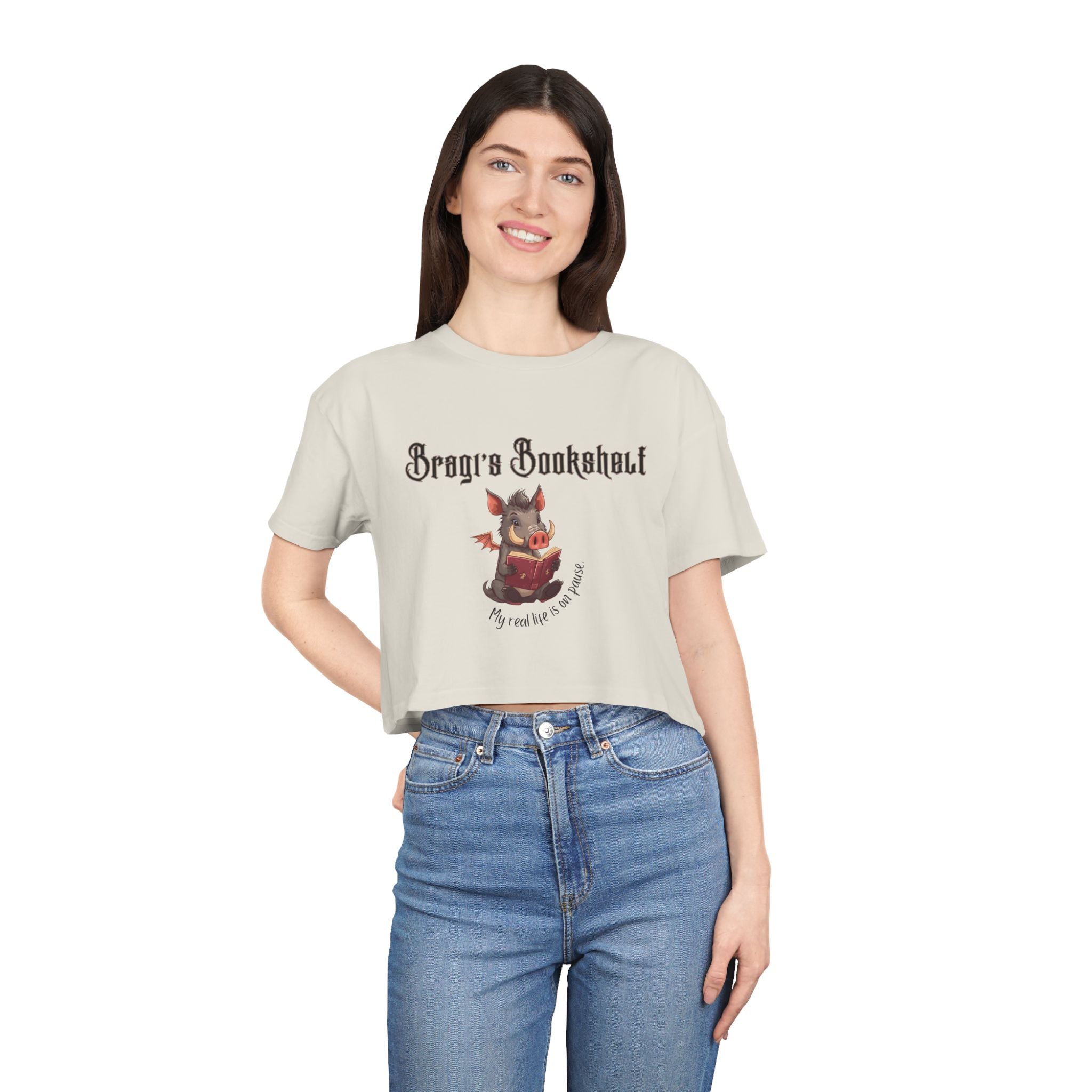 Bookish Crop Tee — “My real life is on pause” Cute Cheeky Relaxed Crop Shirt