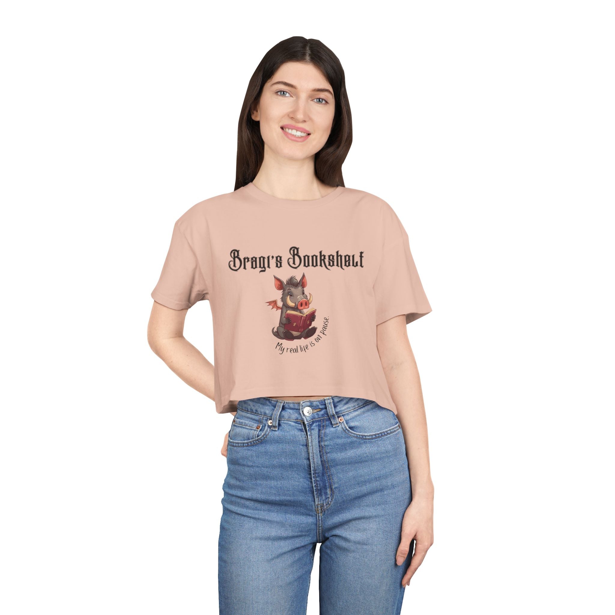 Bookish Crop Tee — “My real life is on pause” Cute Cheeky Relaxed Crop Shirt